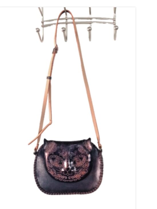 Leather Cat Face Crossbody Bag Hand Tooled Embossed Black Boho Whipstitch - Picture 7 of 14